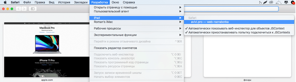 Отладка страницы на Safari