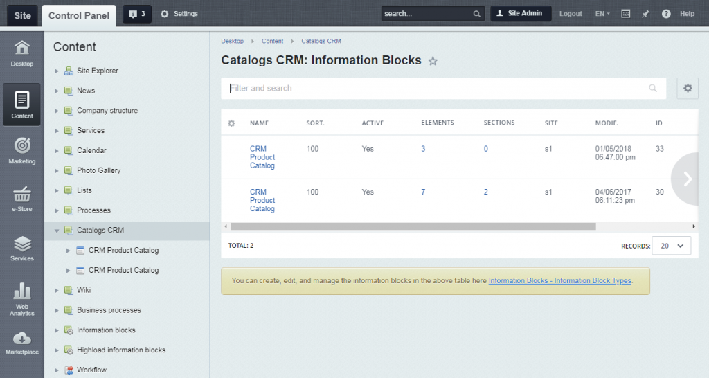 Dashboard of the Bitrix CMS Dashboard of the Bitrix CMS